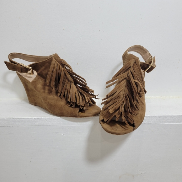 Open Back Cowgirl Fringed Open Toed Brown Suede Sandal Wedges size 6.5 - Picture 7 of 10
